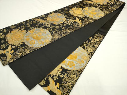 平和屋着物●六通柄袋帯　花鳥文　黒地　金糸　正絹　逸品　AABL2189pf