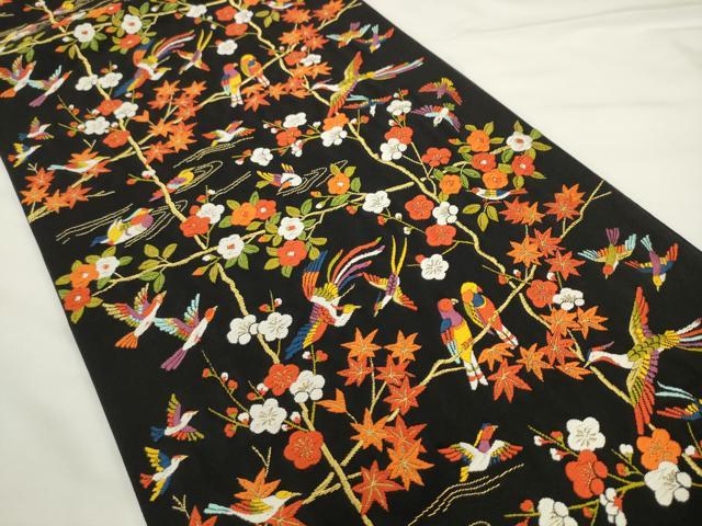 平和屋着物●六通柄袋帯　唐織　風景花鳥文　黒地　金糸　ますいわ屋扱い　正絹　逸品　AABL2193pf