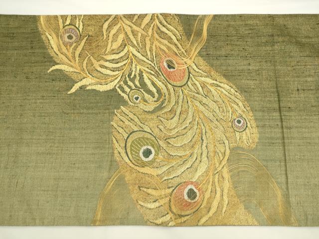 平和屋着物●名門　しょうざん　生紬　紙屋川伝承　絹漉貴　太鼓柄袋帯　孔雀羽文　金糸　正絹　逸品　AABL2194pf