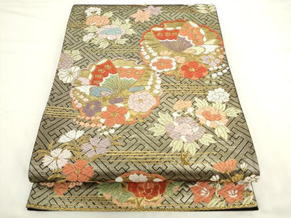 平和屋着物●六通柄袋帯　唐織　雪輪重ね花蝶文　金糸　正絹　逸品　AABL2197pf