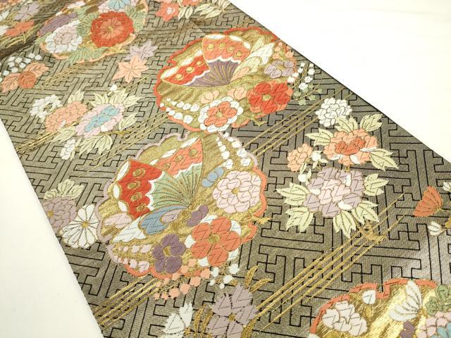 平和屋着物●六通柄袋帯　唐織　雪輪重ね花蝶文　金糸　正絹　逸品　AABL2197pf