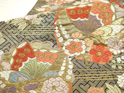 平和屋着物●六通柄袋帯　唐織　雪輪重ね花蝶文　金糸　正絹　逸品　AABL2197pf