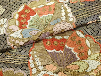 平和屋着物●六通柄袋帯　唐織　雪輪重ね花蝶文　金糸　正絹　逸品　AABL2197pf