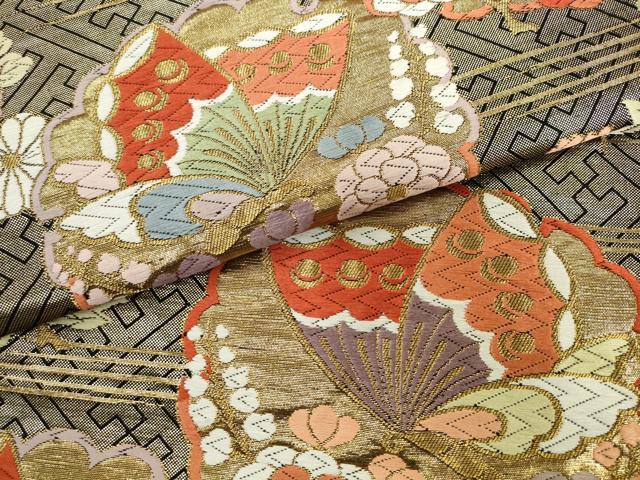 平和屋着物●六通柄袋帯　唐織　雪輪重ね花蝶文　金糸　正絹　逸品　AABL2197pf