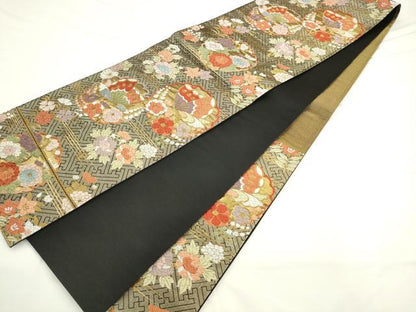 平和屋着物●六通柄袋帯　唐織　雪輪重ね花蝶文　金糸　正絹　逸品　AABL2197pf