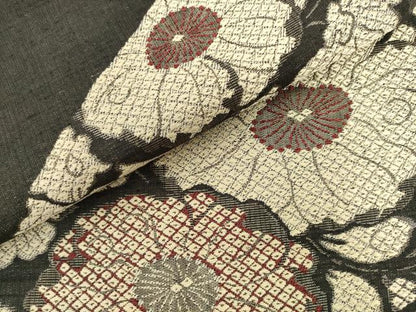 平和屋着物●六通柄袋帯　紬地　草花文　黒地　正絹　逸品　AABL2198pf