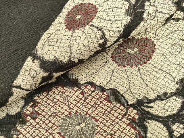 平和屋着物●六通柄袋帯　紬地　草花文　黒地　正絹　逸品　AABL2198pf
