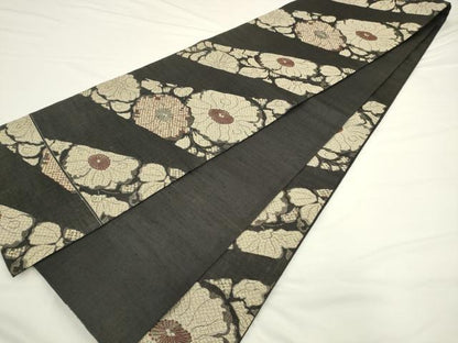平和屋着物●六通柄袋帯　紬地　草花文　黒地　正絹　逸品　AABL2198pf
