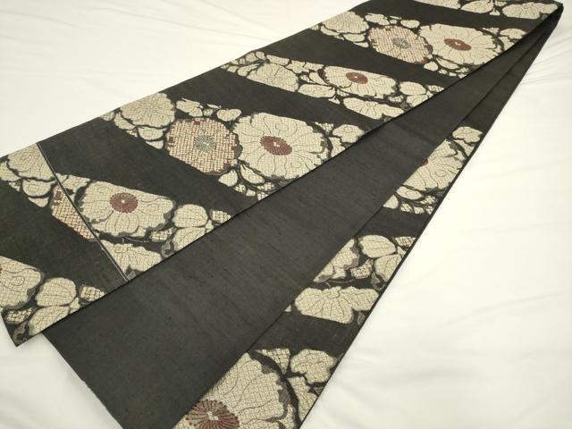 平和屋着物●六通柄袋帯　紬地　草花文　黒地　正絹　逸品　AABL2198pf