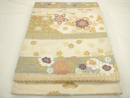 平和屋着物●六通柄袋帯　唐織　横段花文　金糸　正絹　逸品　AABL2208pf
