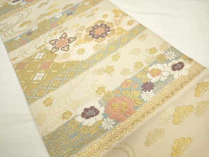 平和屋着物●六通柄袋帯　唐織　横段花文　金糸　正絹　逸品　AABL2208pf