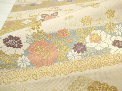 平和屋着物●六通柄袋帯　唐織　横段花文　金糸　正絹　逸品　AABL2208pf