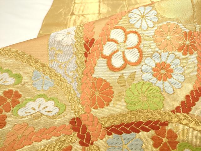 平和屋着物●西陣　川島織物　六通柄　本袋帯　唐織　結び紐花文　金銀糸　正絹　逸品　AABL2218pf