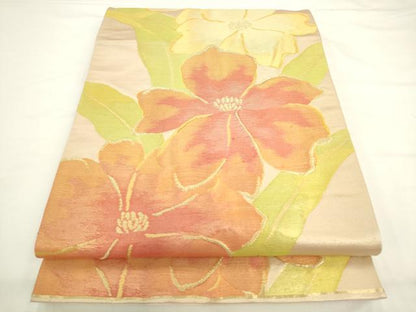 平和屋着物◎六通柄袋帯　草花文　金糸　正絹　逸品　AABL2224pf