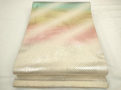 平和屋着物◎丸帯　瑞祥錦　虹彩斜縞文様　金銀糸　正絹　逸品　AABL2226pf