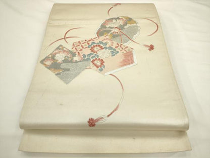 平和屋着物◎太鼓柄袋帯　花文箱　銀糸　正絹　逸品　AABL2229pf