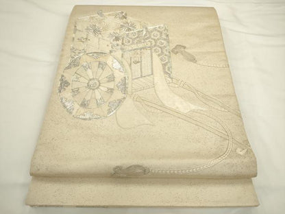 平和屋着物◎太鼓柄袋帯　駒刺繍　御所車花文　銀糸　正絹　逸品　AABL2231pf