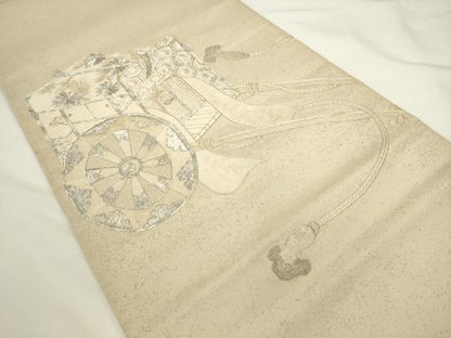 平和屋着物◎太鼓柄袋帯　駒刺繍　御所車花文　銀糸　正絹　逸品　AABL2231pf