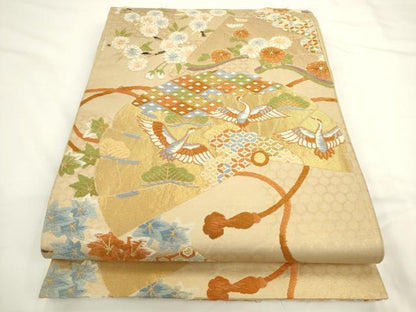 平和屋着物◎六通柄袋帯　唐織　扇面飛鶴花文　金糸　正絹　逸品　AABL2241pf