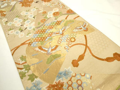 平和屋着物◎六通柄袋帯　唐織　扇面飛鶴花文　金糸　正絹　逸品　AABL2241pf