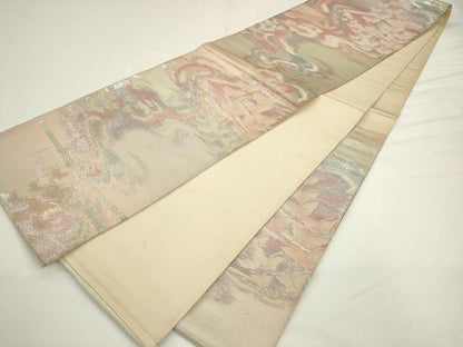 平和屋着物◎六通柄袋帯　唐織　流水舞蝶文　銀糸　正絹　逸品　AABL2243pf