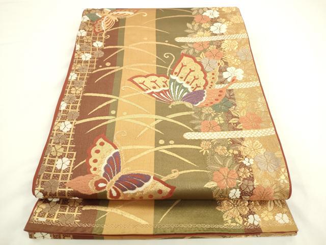 平和屋着物◎六通柄袋帯　唐織　舞蝶文　金糸　正絹　逸品　AABL2247pf