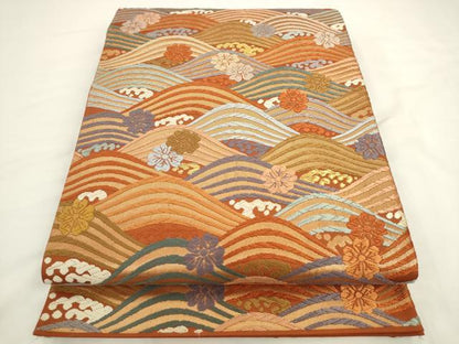 平和屋着物◎六通柄袋帯　唐織　立波花文　金糸　正絹　逸品　AABL2250pf