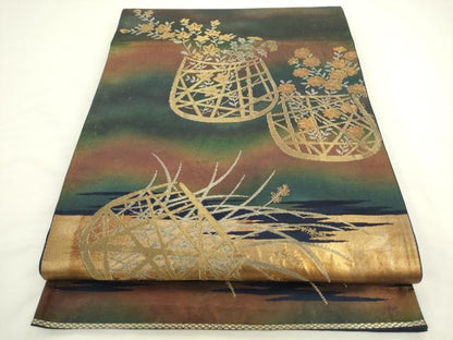 平和屋着物◎六通柄袋帯　花篭文　金銀糸　正絹　逸品　AABL2256pf