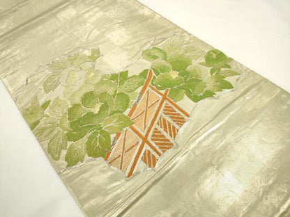 平和屋着物◎太鼓柄袋帯　中国三大刺繍　相良刺繍　駒刺繍　草花文　正絹　逸品　AABL2258pf