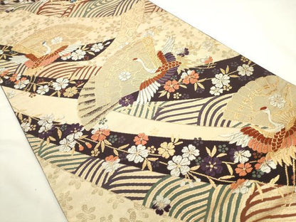 平和屋着物◎六通柄袋帯　唐織　檜扇飛鶴花文　金糸　正絹　逸品　AABL2261pf
