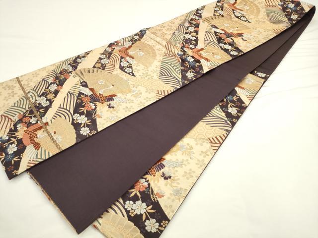 平和屋着物◎六通柄袋帯　唐織　檜扇飛鶴花文　金糸　正絹　逸品　AABL2261pf
