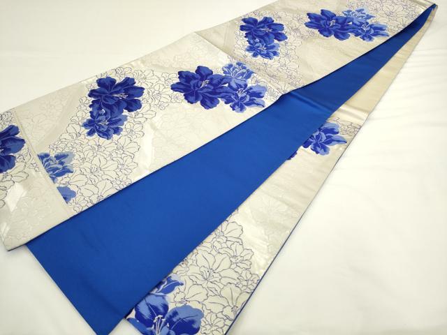 平和屋着物◎六通柄袋帯　唐織　流水花文　銀糸　正絹　逸品　AABL2262pf