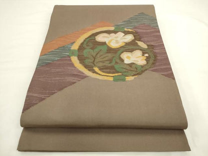 平和屋着物◎太鼓柄袋帯　草花文　すくい織　金糸　正絹　逸品　AABL2264pf