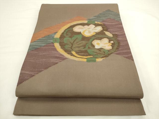 平和屋着物◎太鼓柄袋帯　草花文　すくい織　金糸　正絹　逸品　AABL2264pf