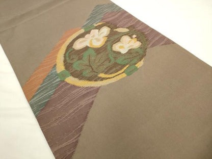 平和屋着物◎太鼓柄袋帯　草花文　すくい織　金糸　正絹　逸品　AABL2264pf