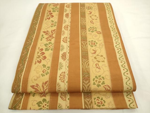 平和屋着物◎六通柄袋帯　草花間道　金糸　正絹　逸品　AABL2268pf