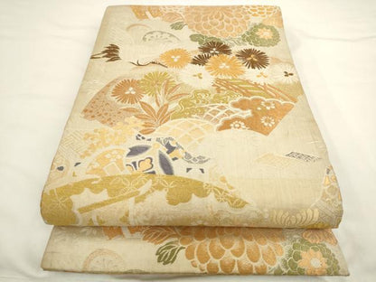 平和屋着物◎アンティーク　大正ロマン　丸帯　唐織　飛鶴花文　金糸　正絹　逸品　AABL2269pf