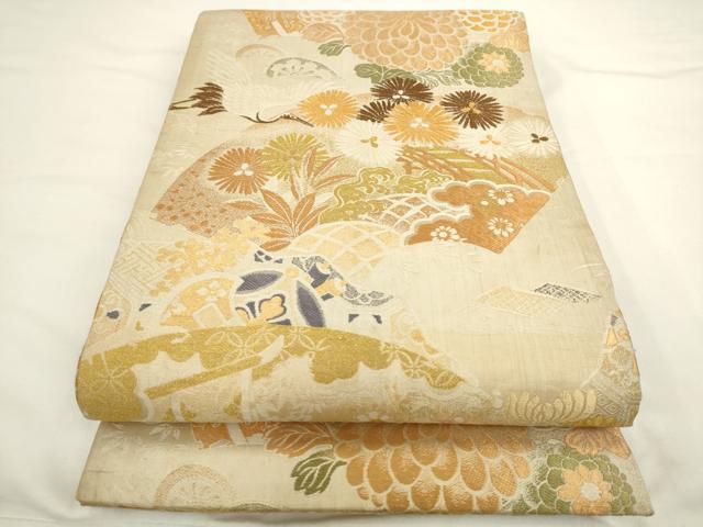 平和屋着物◎アンティーク　大正ロマン　丸帯　唐織　飛鶴花文　金糸　正絹　逸品　AABL2269pf