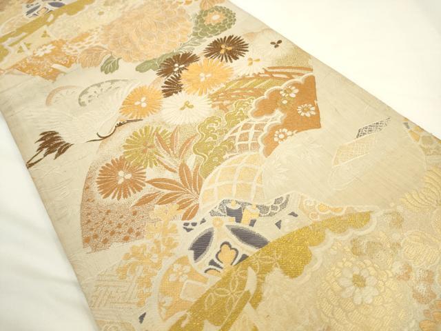 平和屋着物◎アンティーク　大正ロマン　丸帯　唐織　飛鶴花文　金糸　正絹　逸品　AABL2269pf