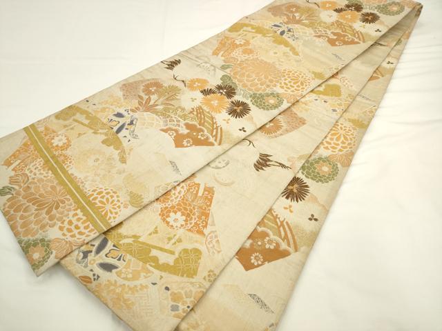 平和屋着物◎アンティーク　大正ロマン　丸帯　唐織　飛鶴花文　金糸　正絹　逸品　AABL2269pf