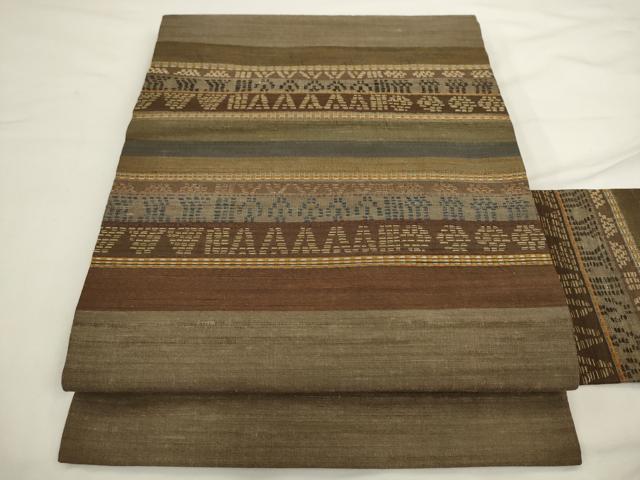 平和屋着物◎九寸名古屋帯　紬地　横段文　金糸　正絹　逸品　AABL2277pf