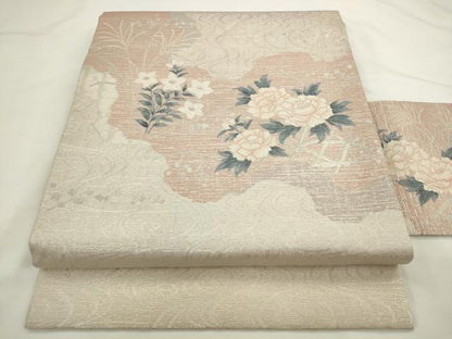 平和屋着物◎九寸名古屋帯　流水牡丹文　銀糸　正絹　逸品　AABL2278pf