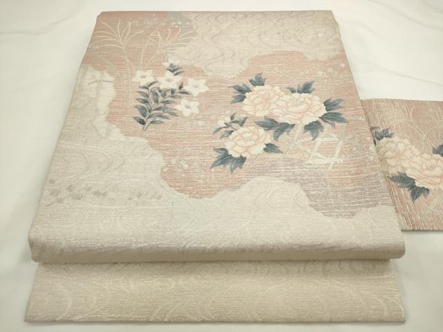 平和屋着物◎九寸名古屋帯　流水牡丹文　銀糸　正絹　逸品　AABL2278pf
