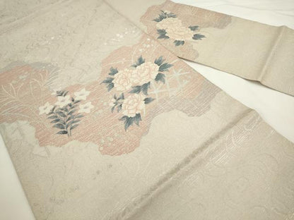 平和屋着物◎九寸名古屋帯　流水牡丹文　銀糸　正絹　逸品　AABL2278pf