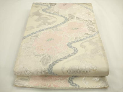 平和屋着物◎六通柄袋帯　唐織　流水草花文　銀糸　正絹　逸品　AABL2283pf