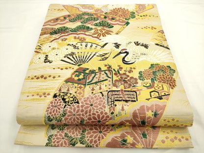 平和屋着物◎アンティーク　大正ロマン　丸帯　唐織　扇面飛鶴文　正絹　逸品　AABL2293pf