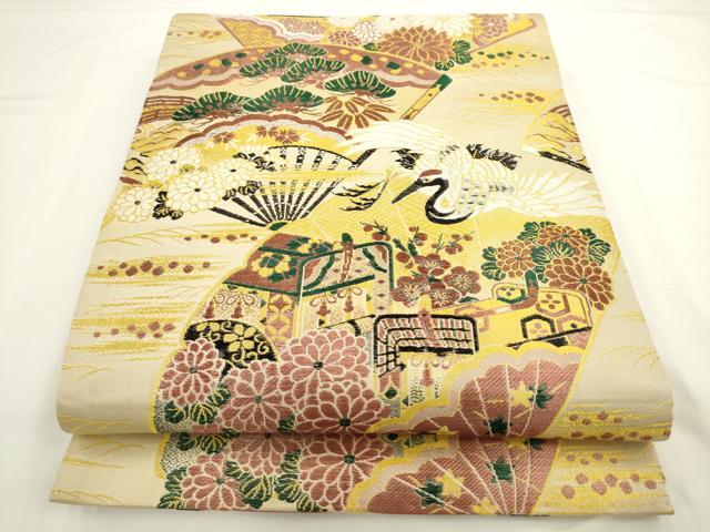 平和屋着物◎アンティーク　大正ロマン　丸帯　唐織　扇面飛鶴文　正絹　逸品　AABL2293pf