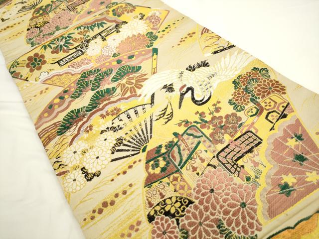 平和屋着物◎アンティーク　大正ロマン　丸帯　唐織　扇面飛鶴文　正絹　逸品　AABL2293pf