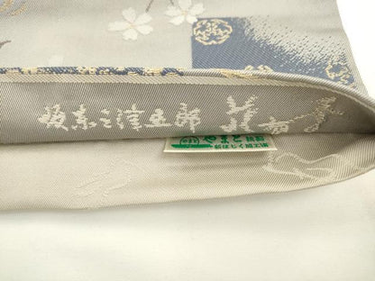 平和屋着物●十代目 歌舞伎役者　坂東三津五郎　六通柄袋帯　花布季　流水草花文　金糸　やまと誂製　正絹　逸品　AABL2294pf