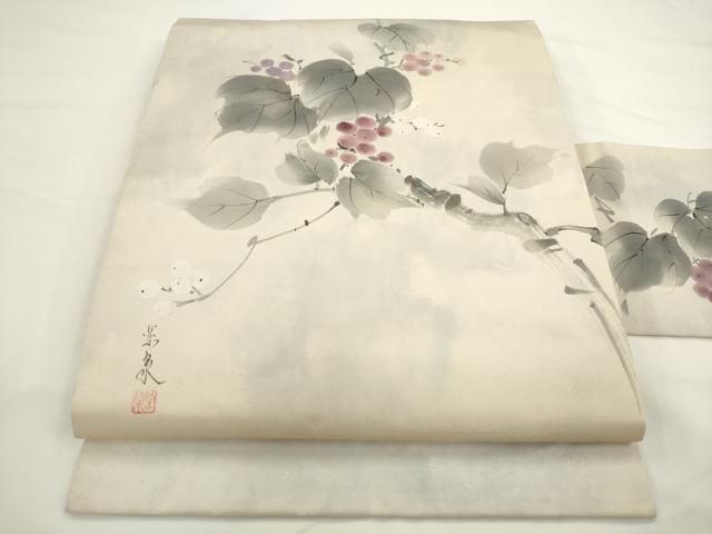 平和屋着物●九寸名古屋帯　作家物　手描き　葡萄蔦の葉文　正絹　逸品　AABL2295pf